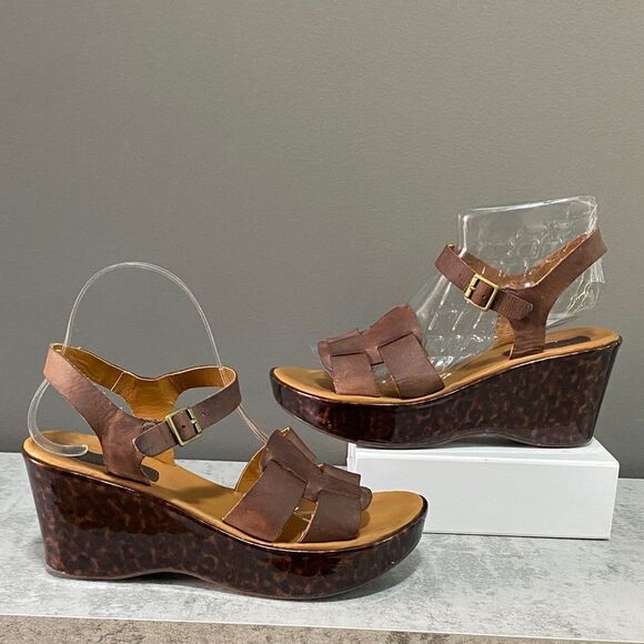 Kork-Ease Brown Leather Wedge Sandals Size 8 - Picture 1 of 15